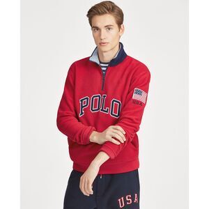 Polo Ralph Lauren BIG LOGO USA FLAG Cotton blend Fleece Pullover Quarter Zip, XL
